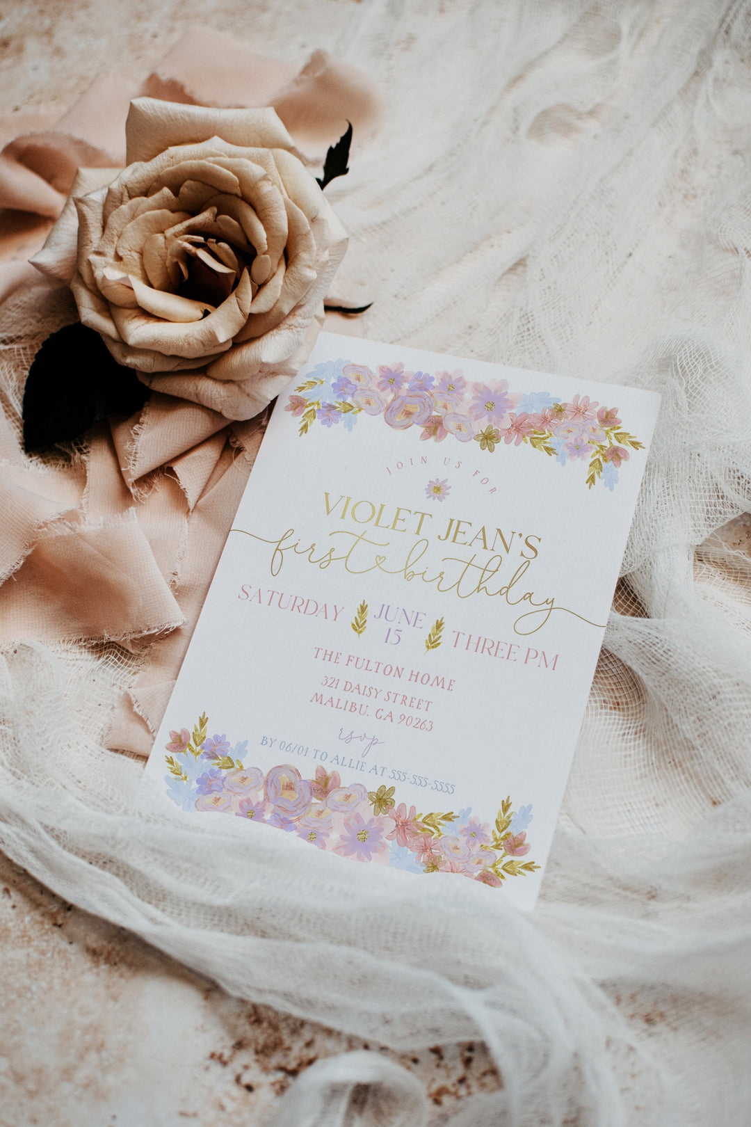 Pastel Floral Birthday Invitation - Glitter Floral Birthday Invitation - Girls Floral Birthday Invite - Pastel Floral Birthday Theme Invite - Girly Birthday Invitation