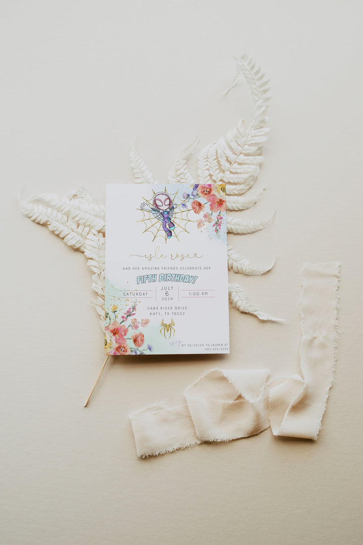 Ghost Spider Birthday Invitation - Spidey Birthday Invitation - Spiderman Girl Birthday Invite - Gwen Spidey Invitation - Floral Spidey Birthday Invitation - Spiderman Girly Birthday