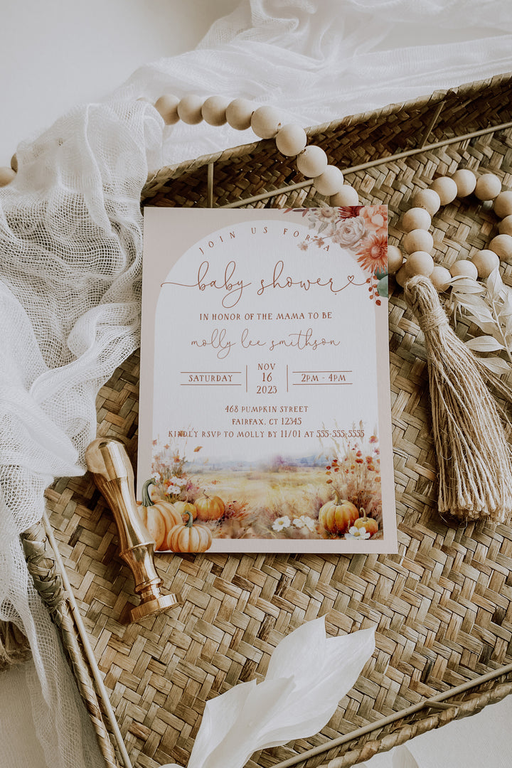 Pumpkin Baby Shower Invitation - Fall Pumpkin Baby Shower Invite - Autumn Baby Shower Invite - November Baby Shower Invitation - Neutral 5x7 Fall Baby Shower Pumpkin Invitation