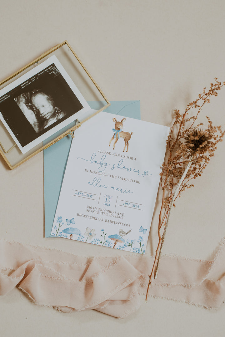 Deer Baby Shower Invite - Boy Deer Baby Shower Invitation - Woodland Baby Shower Invitation - Baby Blue Baby Shower Invite - Oh Deer Invite