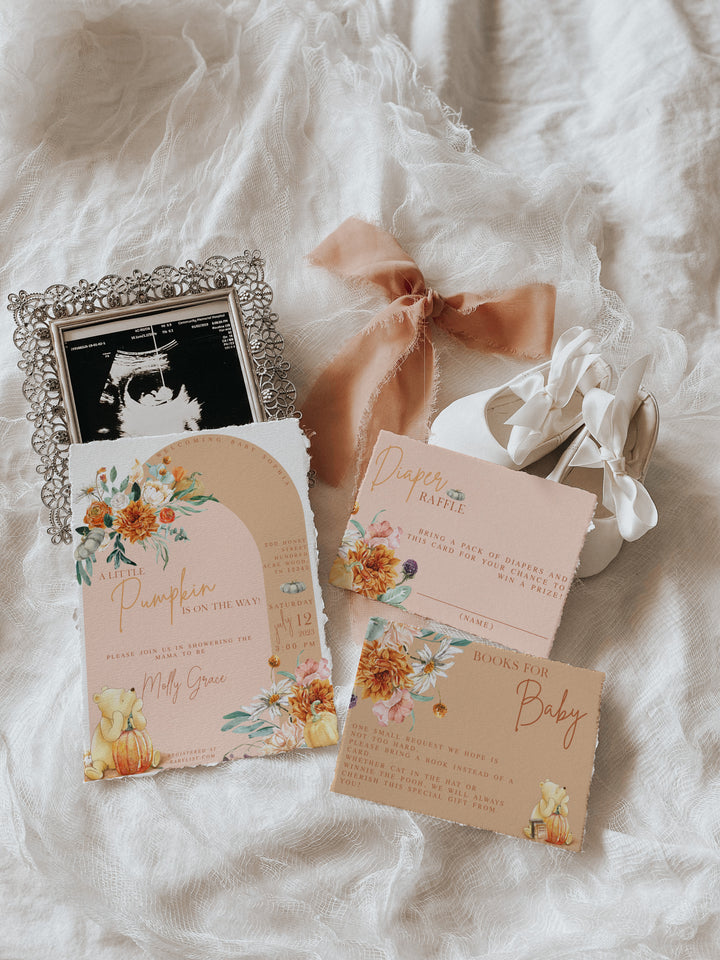 Winnie the Pooh Baby Shower Suite - Fall Winnie the Pooh Invitation - Boho Pooh Invitation Suite - Baby Shower Diaper Raffle Card - Pooh Bear Baby Shower 3 Piece Suite
