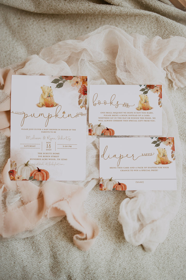 Winnie the Pooh Fall Invitation - Pumpkin Pooh Invitation Suite - Books for Baby Winnie The Pooh Card - Winnie the Pooh Diaper Raffle Invite