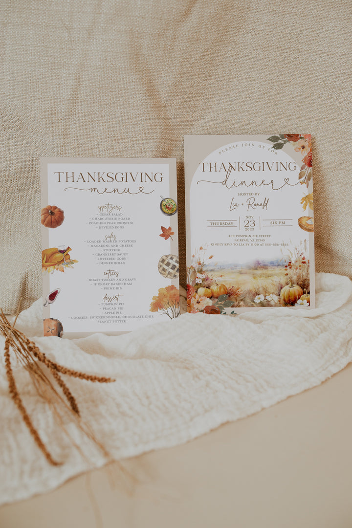 Thanksgiving Invitation & Menu - Thanksgiving Dinner Invite - Fall Dinner Invitation - Thanksgiving Menu Invitation - Thanksgiving Menu 5x7 Invitation Menu