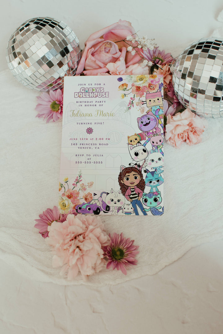 Gabby's Dollhouse Birthday Invitation - Floral Gabby's Dollhouse Invitation - Editable Gabby's Dollhouse Invite - Dollhouse Cat Invitation