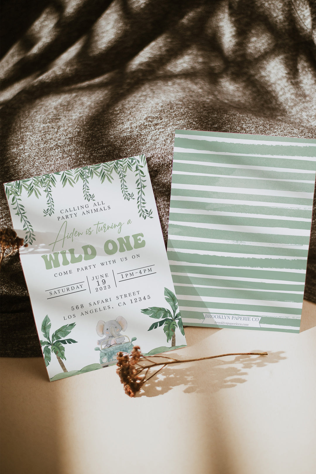 Safari Birthday Invitation - A Wild One Birthday Invitation - Elephant Birthday Invitation - Jungle Birthday Invitation -Green Safari Invitation
