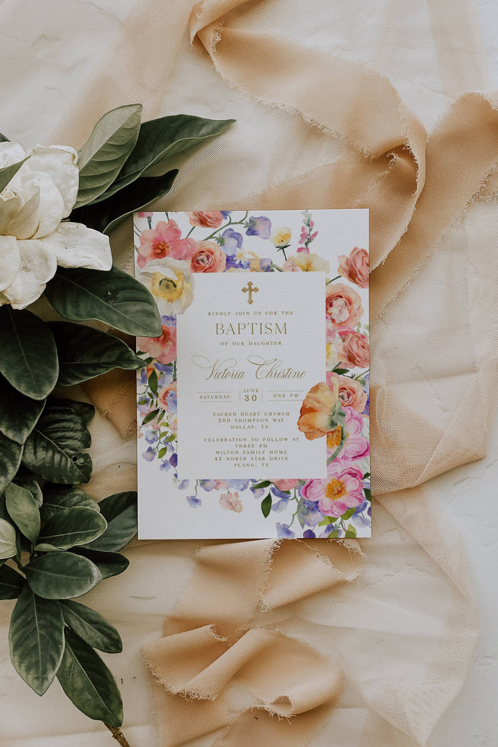 Floral Baptism Invitation - Floral Gold Christening Invitation - Elegant Baptism Invite - Catholic Confirmation Invitation -Christian Invite