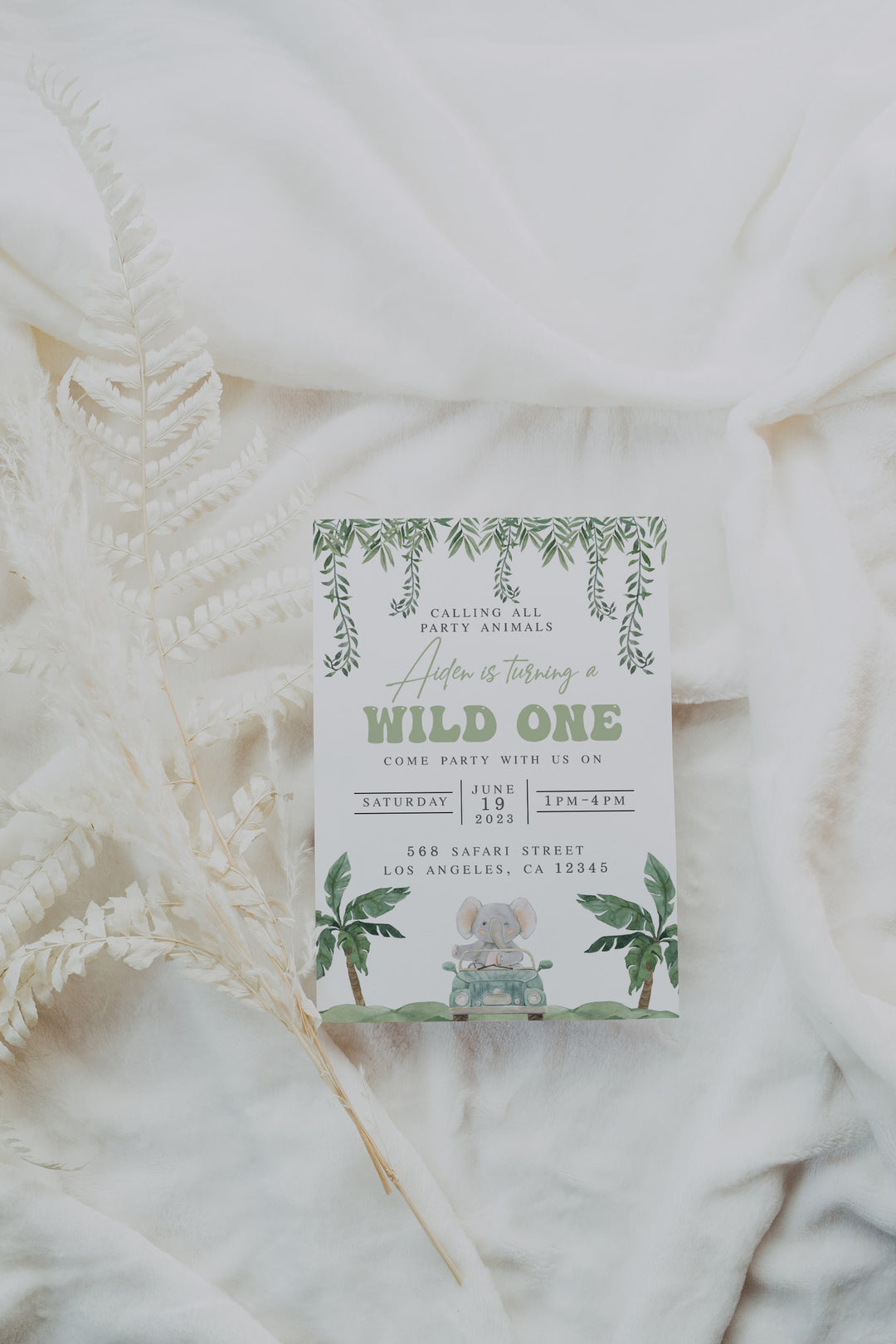 Safari Birthday Invitation - A Wild One Birthday Invitation - Elephant Birthday Invitation - Jungle Birthday Invitation -Green Safari Invitation