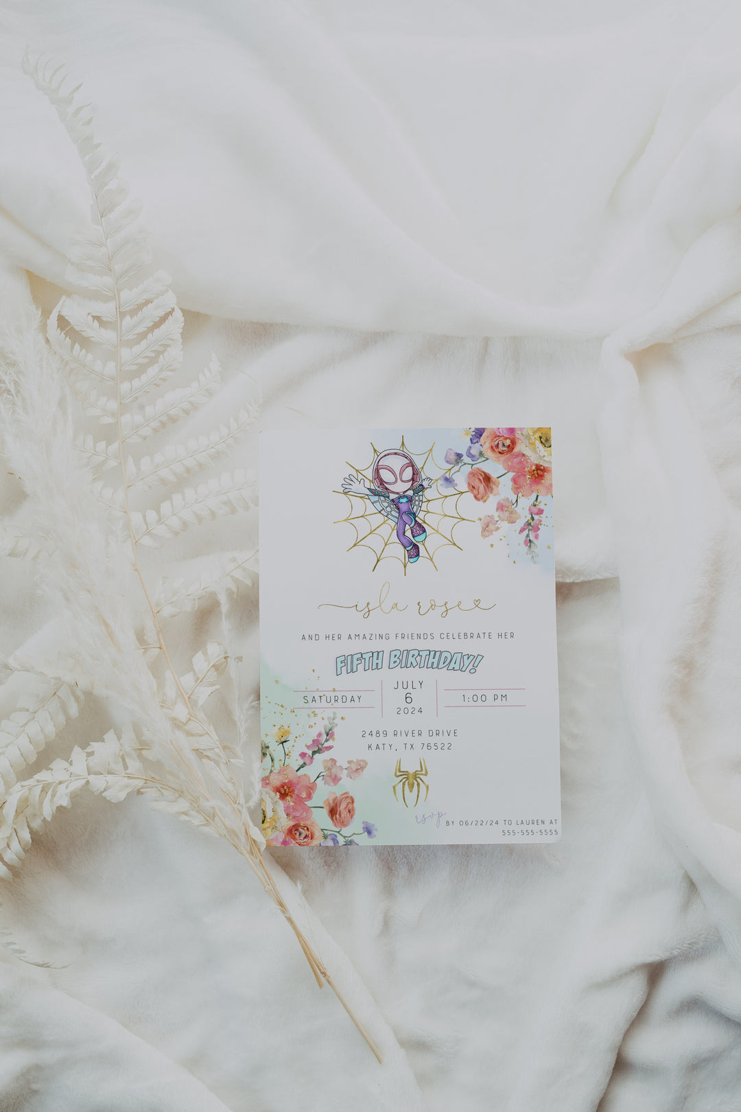 Ghost Spider Birthday Invitation - Spidey Birthday Invitation - Spiderman Girl Birthday Invite - Gwen Spidey Invitation - Floral Spidey Birthday Invitation - Spiderman Girly Birthday