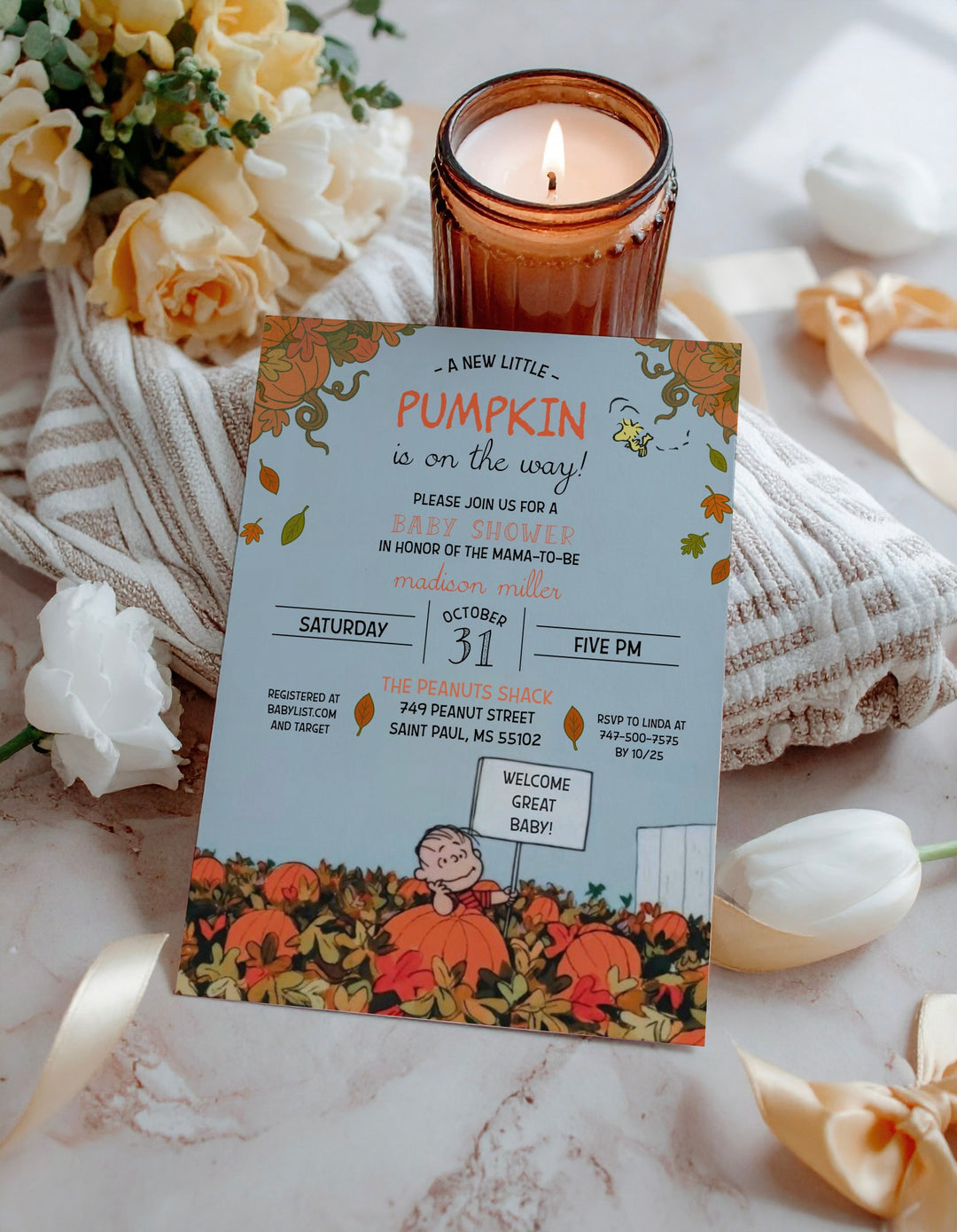 Charlie Brown Fall Baby Shower Invitation - Charlie Brown Halloween Invitation - Peanuts Invitation - Snoopy Baby Shower Invitation - Autumn
