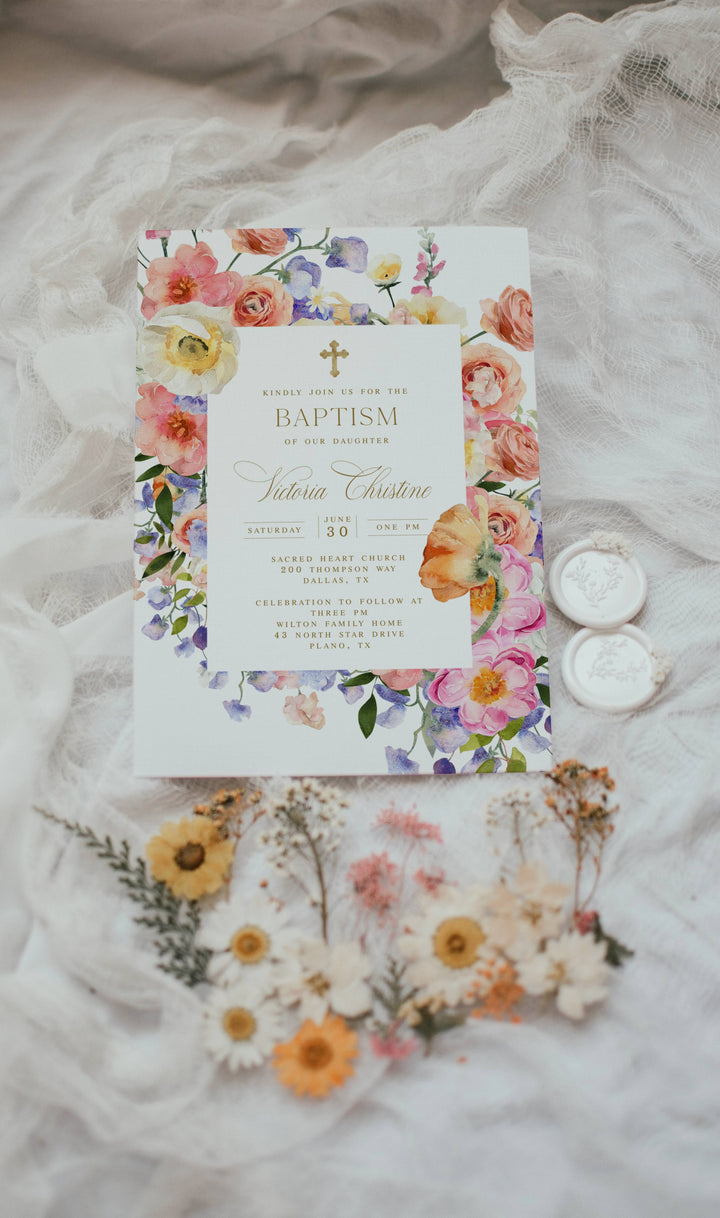 Floral Baptism Invitation - Floral Gold Christening Invitation - Elegant Baptism Invite - Catholic Confirmation Invitation -Christian Invite
