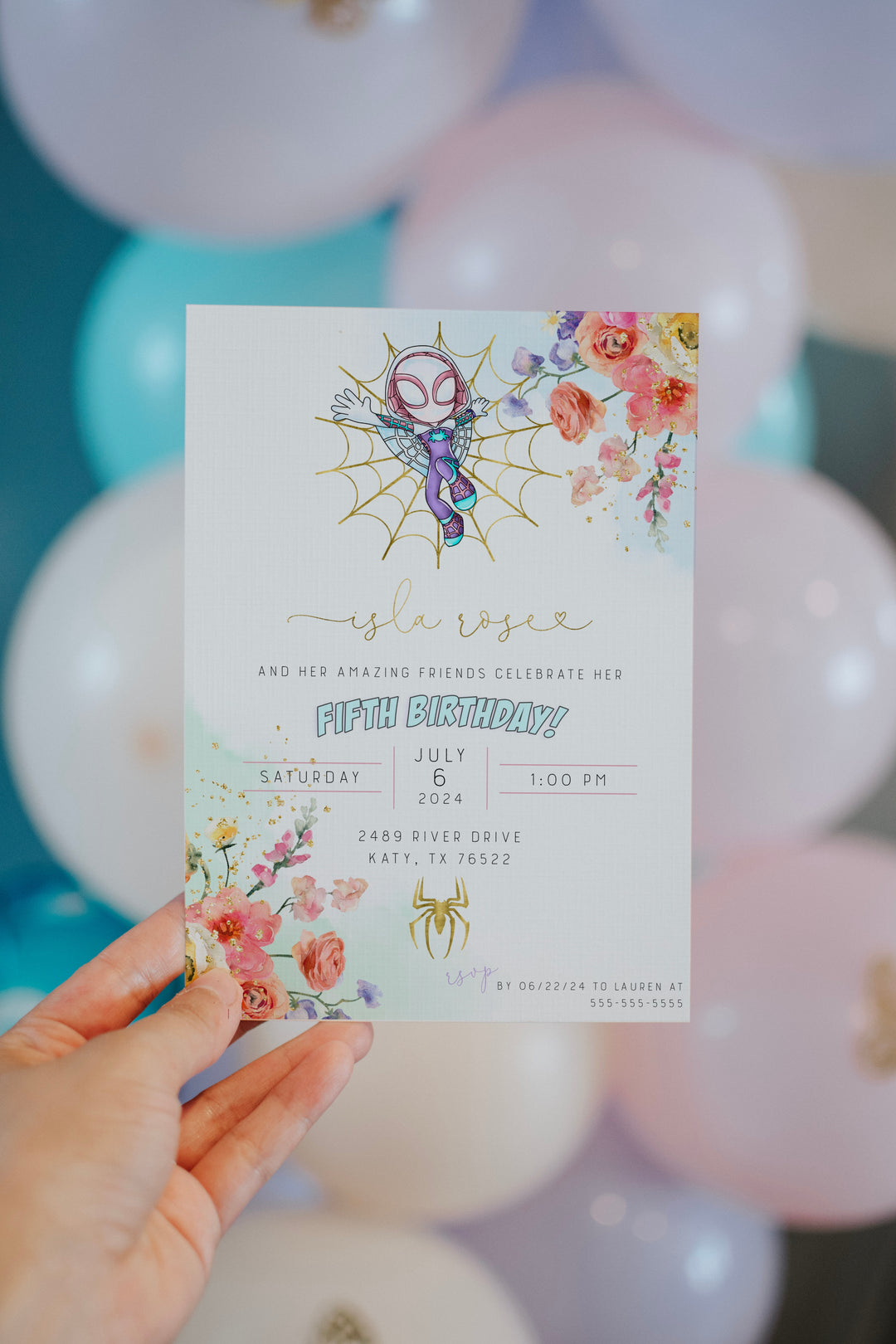 Ghost Spider Birthday Invitation - Spidey Birthday Invitation - Spiderman Girl Birthday Invite - Gwen Spidey Invitation - Floral Spidey Birthday Invitation - Spiderman Girly Birthday