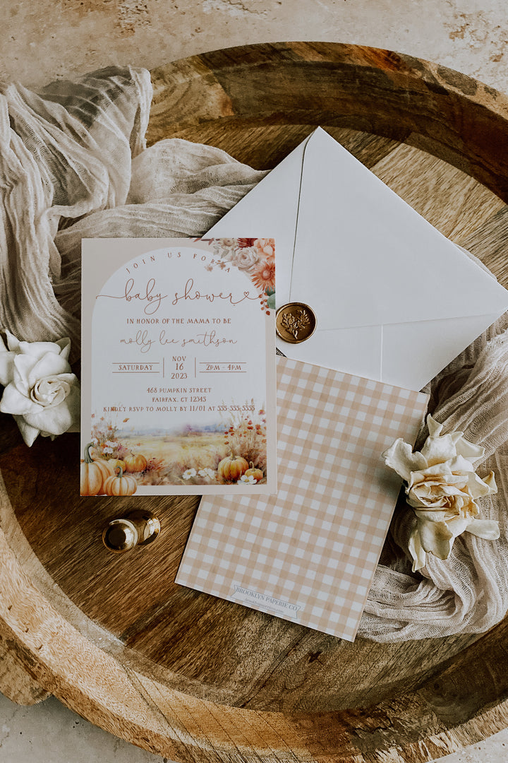 Pumpkin Baby Shower Invitation - Fall Pumpkin Baby Shower Invite - Autumn Baby Shower Invite - November Baby Shower Invitation - Neutral 5x7 Fall Baby Shower Pumpkin Invitation