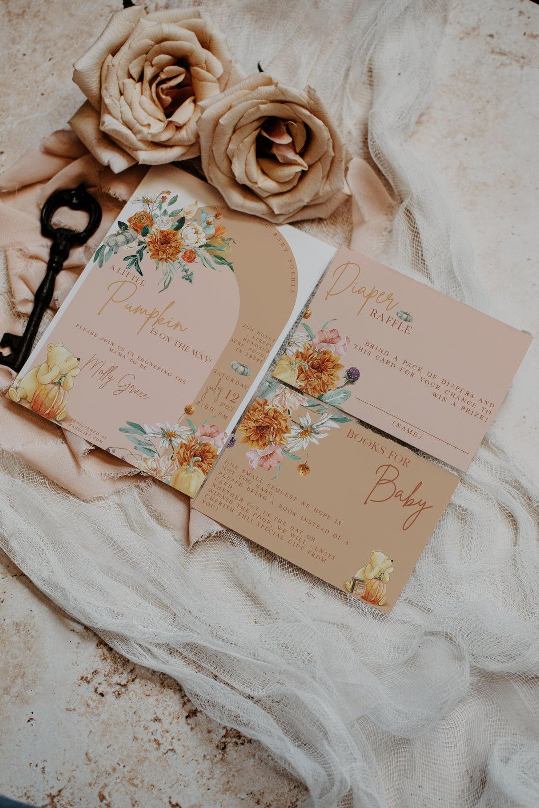 Winnie the Pooh Baby Shower Suite - Fall Winnie the Pooh Invitation - Boho Pooh Invitation Suite - Baby Shower Diaper Raffle Card - Pooh Bear Baby Shower 3 Piece Suite