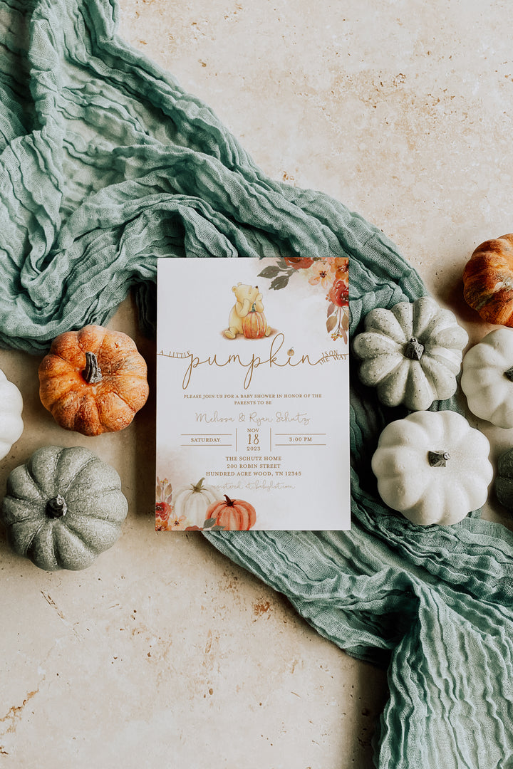 A Little Pumpkin Is On The Way Invitation - Winnie The Pooh Pumpkin Baby Shower Invitation - Pooh Bear Baby Shower Invite - Fall Pooh Baby Shower Invitation