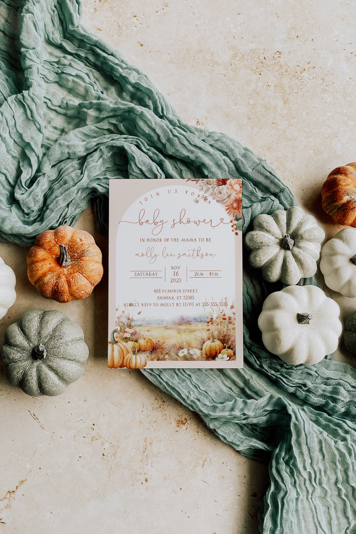 Pumpkin Baby Shower Invitation - Fall Pumpkin Baby Shower Invite - Autumn Baby Shower Invite - November Baby Shower Invitation - Neutral 5x7 Fall Baby Shower Pumpkin Invitation