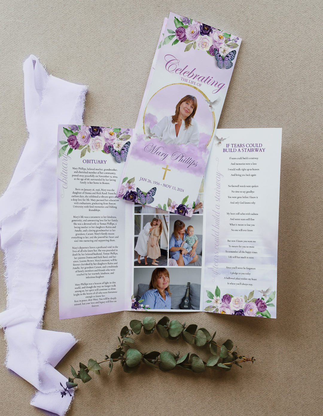 Purple Funeral Program - Obituary Pamphlet - Butterfly Funeral Program - TriFold Funeral Brochure - Celebration of Life Pamphlet - Funeral Templates DIY