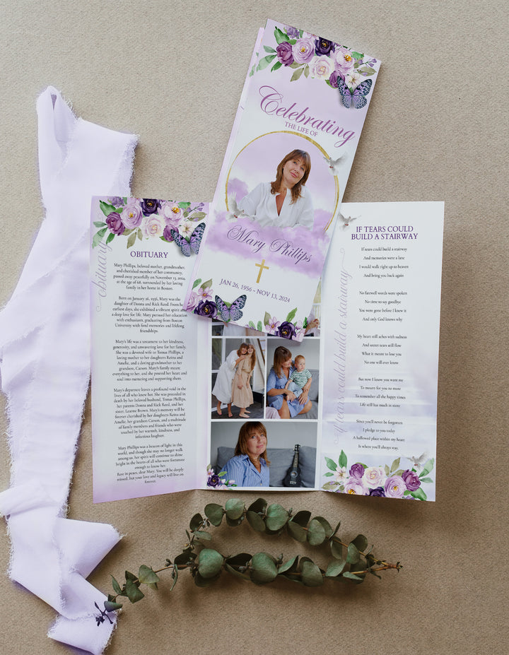 Purple Funeral Program - Obituary Pamphlet - Butterfly Funeral Program - TriFold Funeral Brochure - Celebration of Life Pamphlet - Funeral Templates DIY