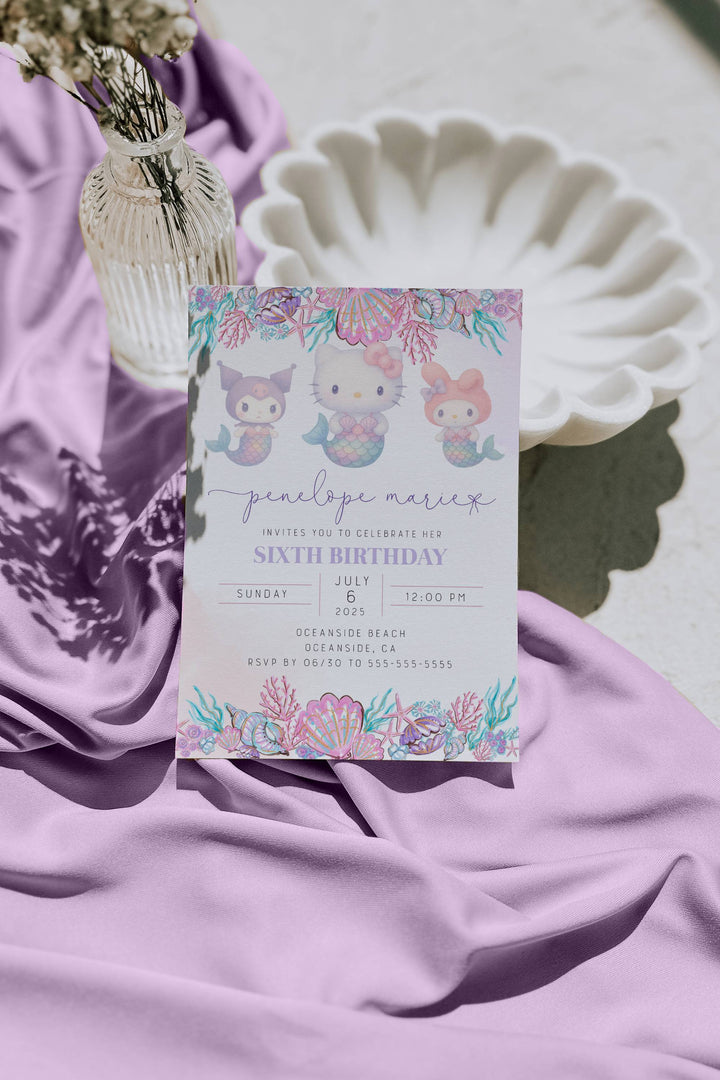 Hello Kitty Mermaid Birthday Invitation - Hello Kitty Mermaid Party - Kawaii Kitty Mermaid Theme - Hello Kitty Beach Birthday Party
