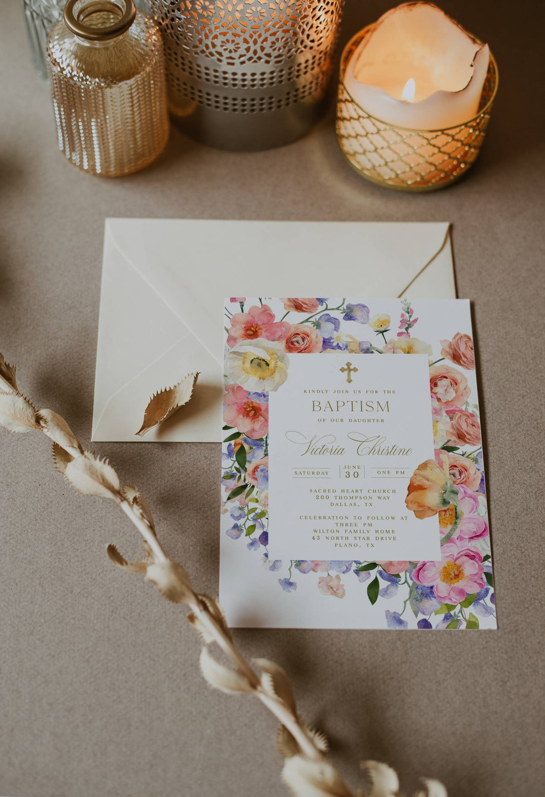 Floral Baptism Invitation - Floral Gold Christening Invitation - Elegant Baptism Invite - Catholic Confirmation Invitation -Christian Invite