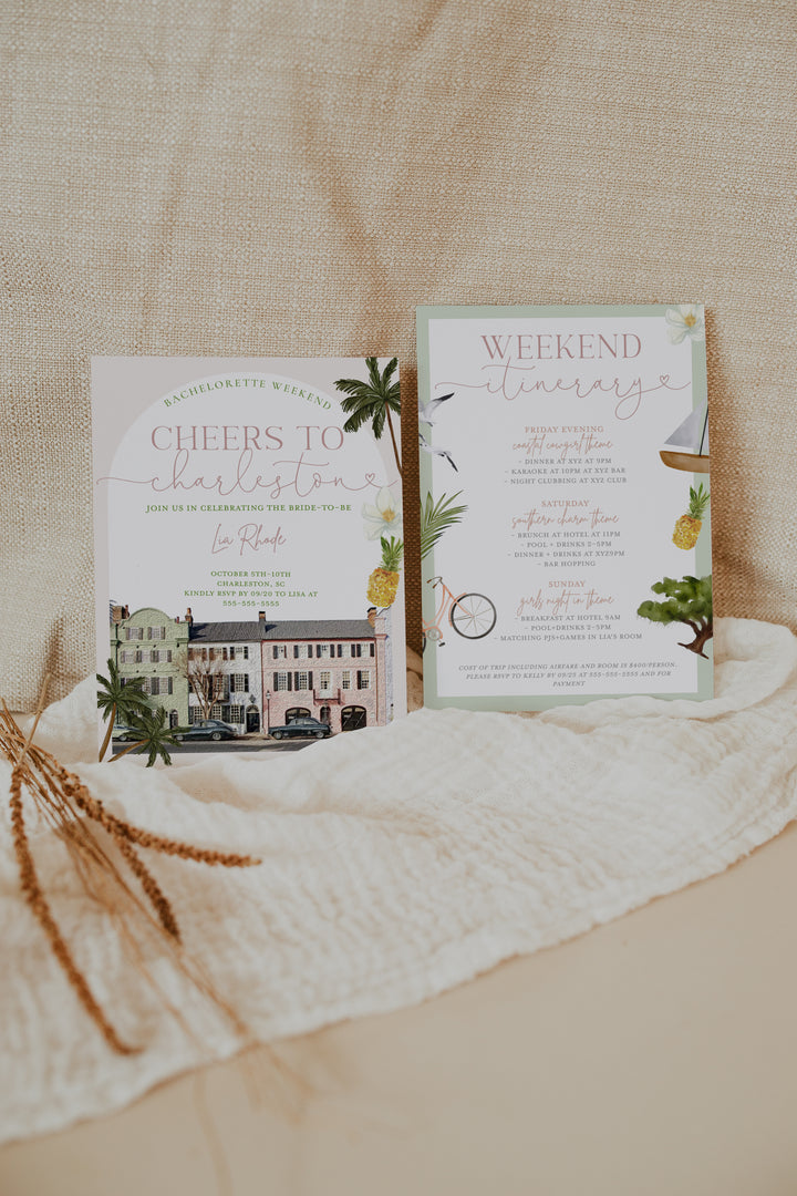 Charleston Bachelorette Invitation - Charleston Bachelorette Itinerary - Charleston SC Girls Trip - Charleston Weekend Invite & Itinerary