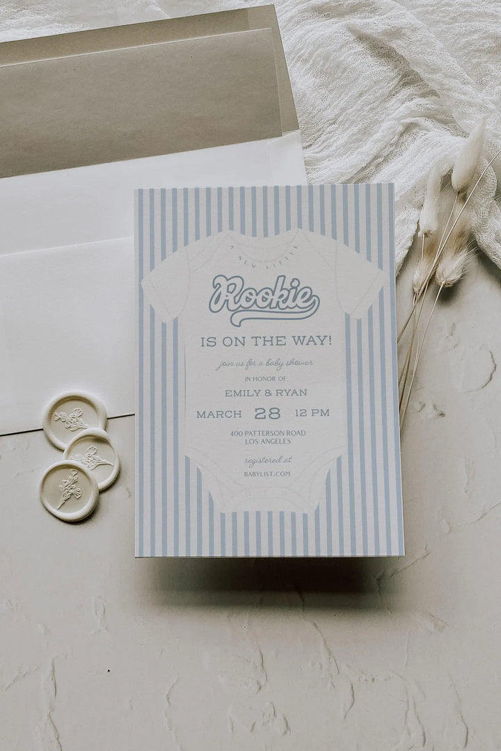 Vintage Baseball Themed Baby Shower Invitation - Rookie Baby Shower Theme - Vintage Baseball Baby Shower Invitation - Blue Baseball Shower