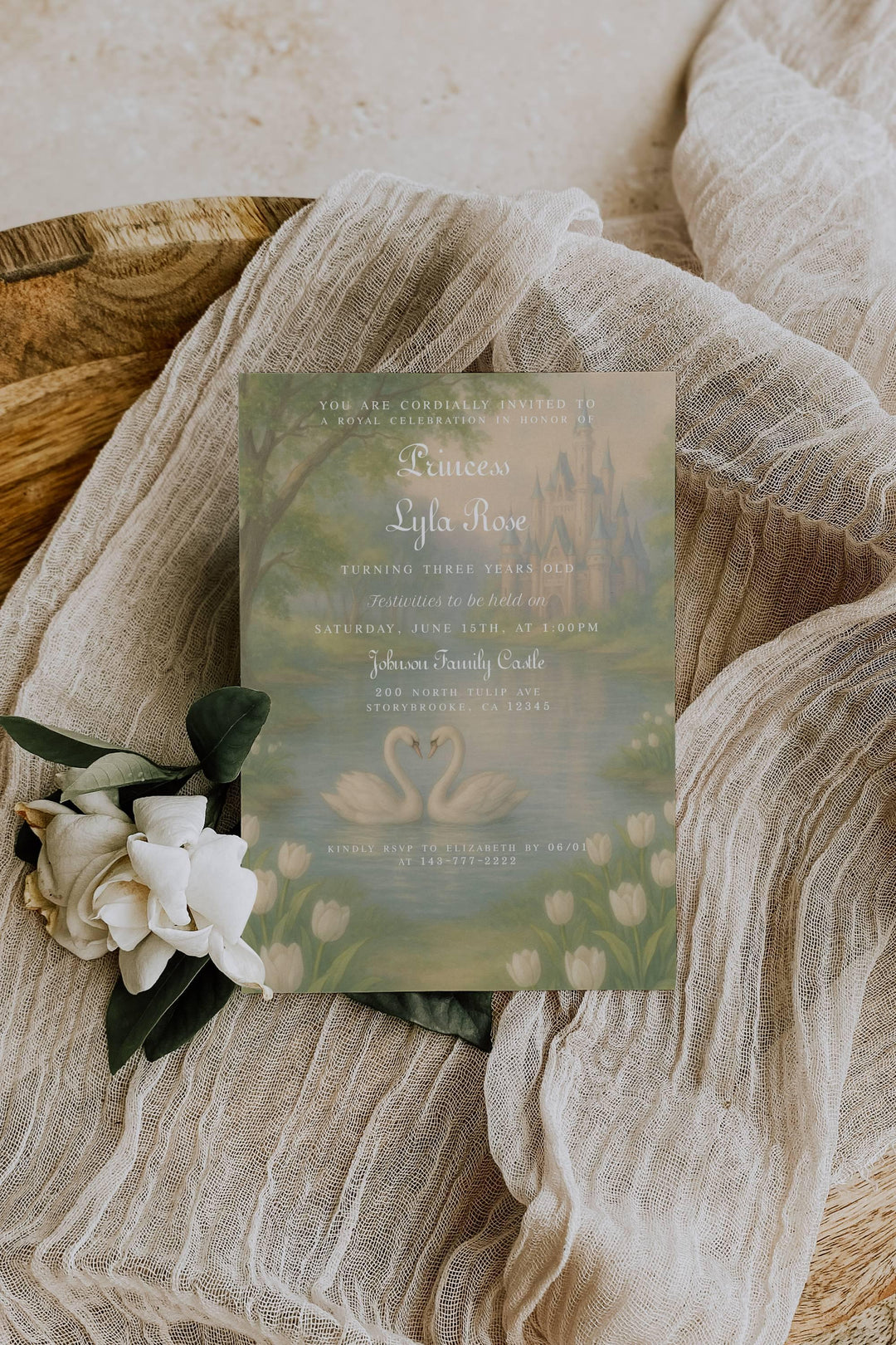 Princess Birthday Invitation - Fairytale Swan Lake Castle Invite - Royal Ball Invitation - Girls Royal Birthday Party Invitation - 5x7 Size