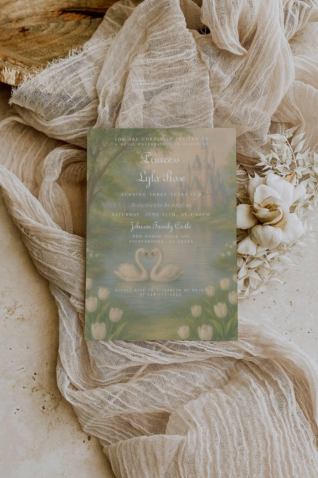 Princess Birthday Invitation - Fairytale Swan Lake Castle Invite - Royal Ball Invitation - Girls Royal Birthday Party Invitation - 5x7 Size