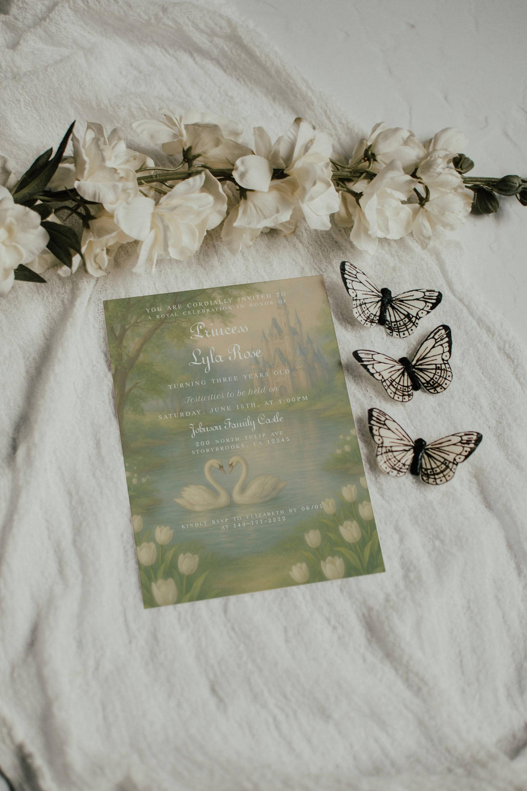 Princess Birthday Invitation - Fairytale Swan Lake Castle Invite - Royal Ball Invitation - Girls Royal Birthday Party Invitation - 5x7 Size