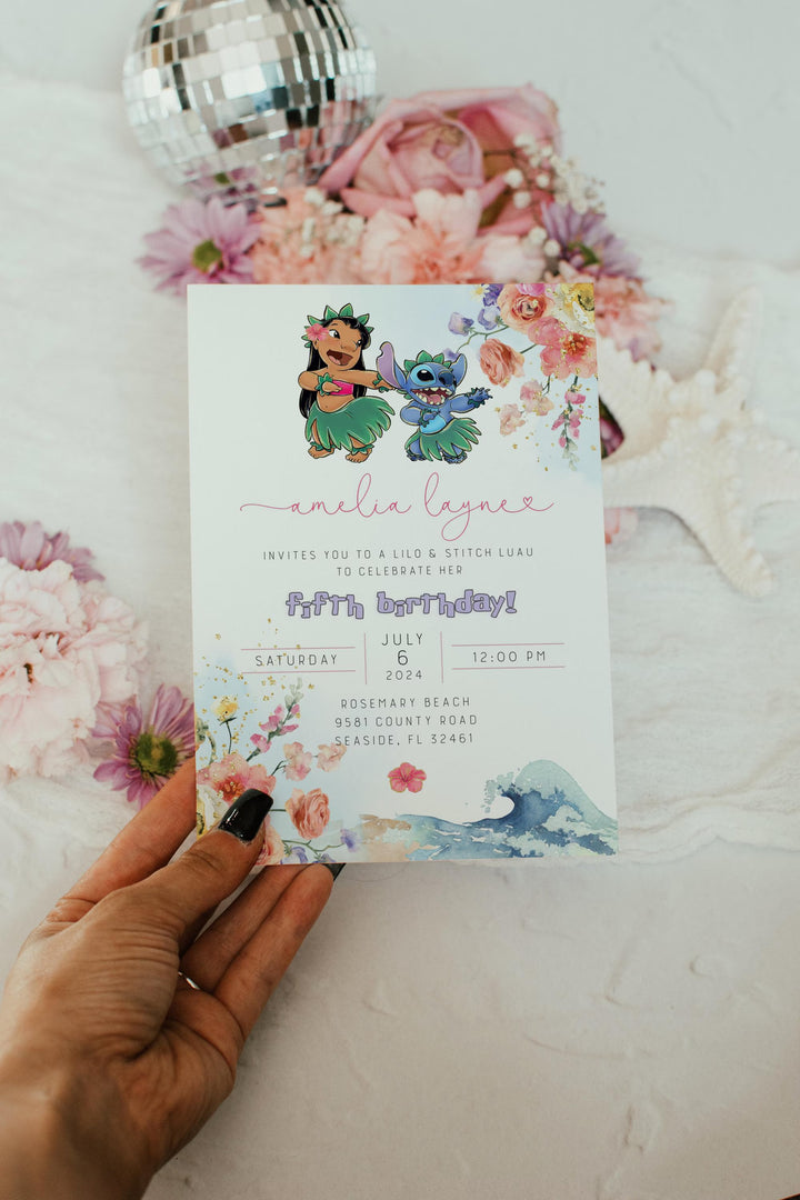 Lilo and Stitch Birthday Invitation - Floral Stitch Invitation - Aesthetic Lilo and Stitch Birthday Evite - Editable Stitch Bday Invitation