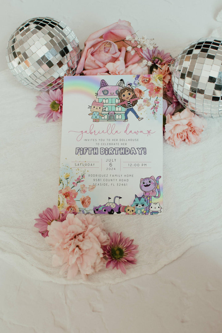Floral Gabby's Dollhouse Invitation - Gabby's Dollhouse Birthday Invitation - Gabby's Dollhouse Template - Editable Gabby's Dollhouse Invite