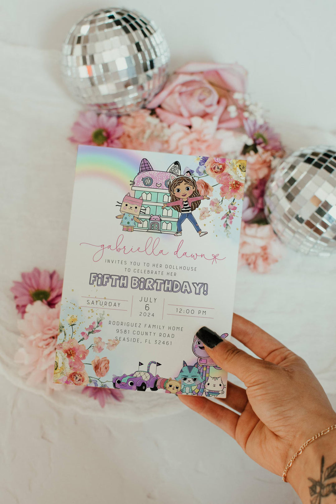 Floral Gabby's Dollhouse Invitation - Gabby's Dollhouse Birthday Invitation - Gabby's Dollhouse Template - Editable Gabby's Dollhouse Invite
