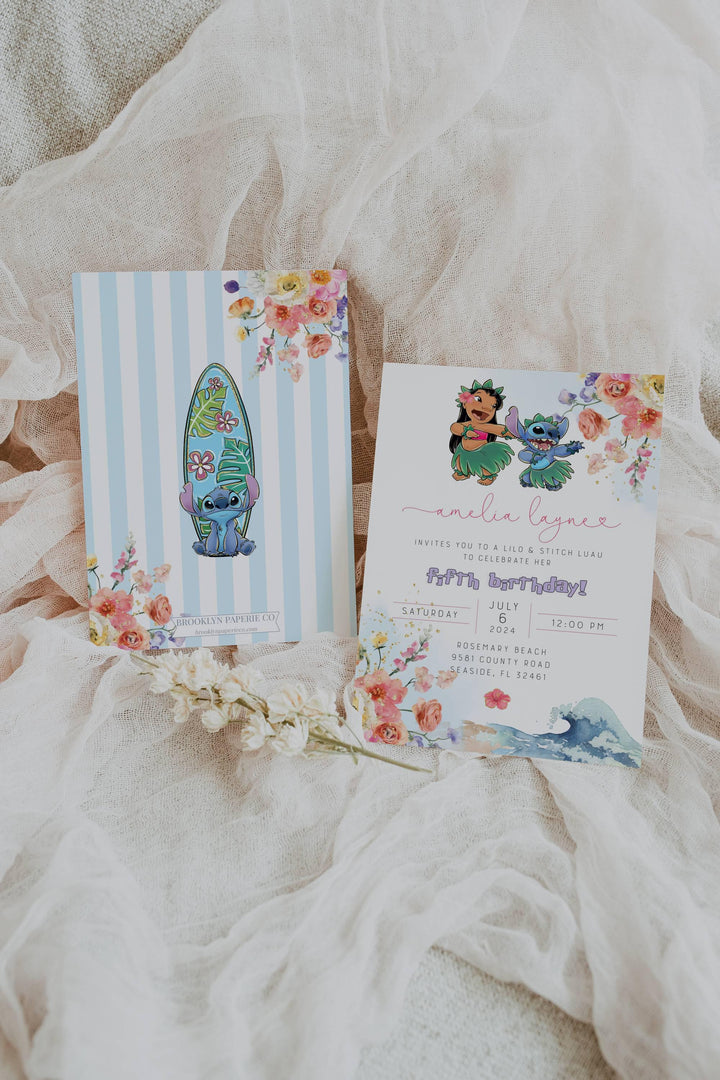 Lilo and Stitch Birthday Invitation - Floral Stitch Invitation - Aesthetic Lilo and Stitch Birthday Evite - Editable Stitch Bday Invitation