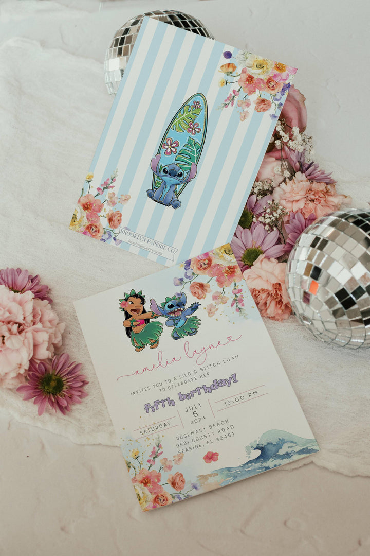 Lilo and Stitch Birthday Invitation - Floral Stitch Invitation - Aesthetic Lilo and Stitch Birthday Evite - Editable Stitch Bday Invitation