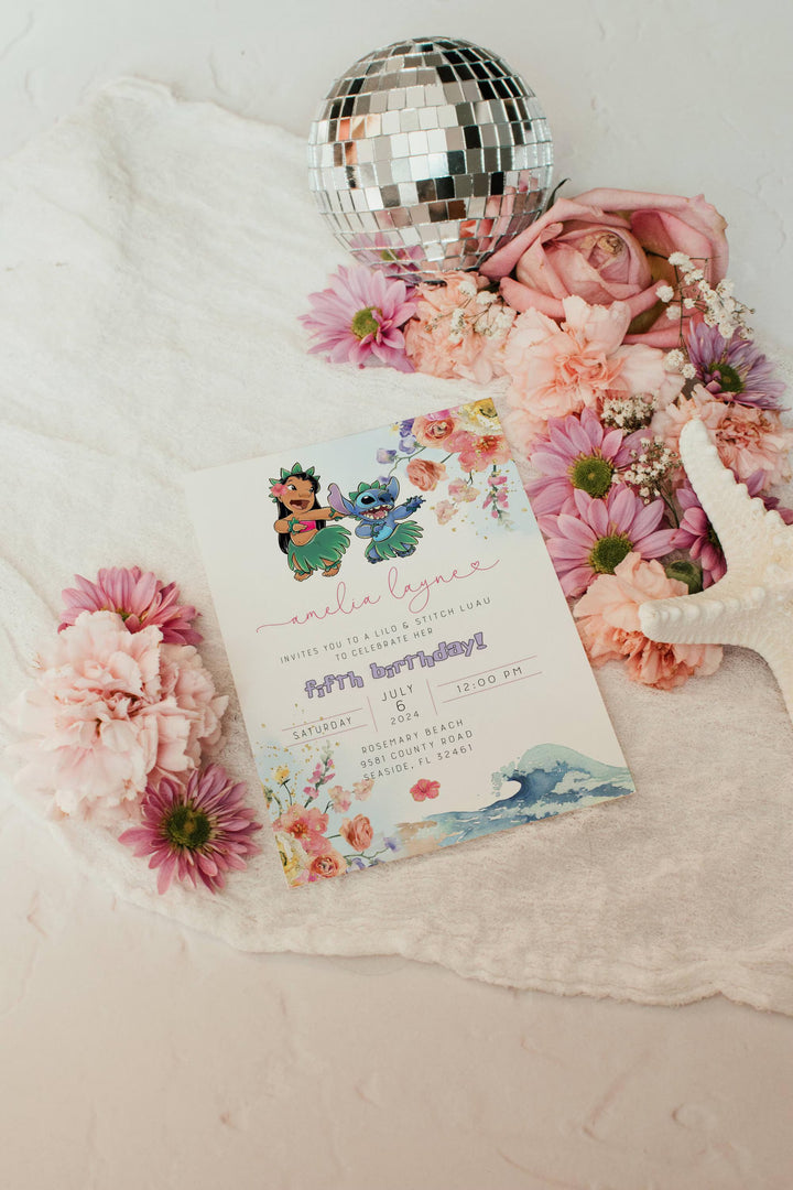 Lilo and Stitch Birthday Invitation - Floral Stitch Invitation - Aesthetic Lilo and Stitch Birthday Evite - Editable Stitch Bday Invitation