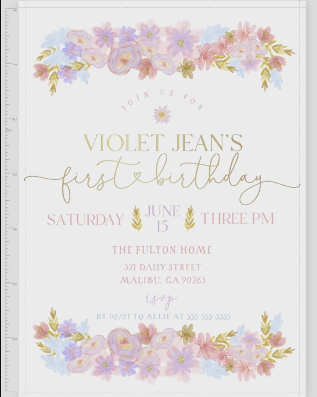 Pastel Floral Birthday Invitation - Glitter Floral Birthday Invitation - Girls Floral Birthday Invite - Pastel Floral Birthday Theme Invite - Girly Birthday Invitation