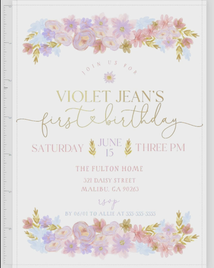 Pastel Floral Birthday Invitation - Glitter Floral Birthday Invitation - Girls Floral Birthday Invite - Pastel Floral Birthday Theme Invite - Girly Birthday Invitation