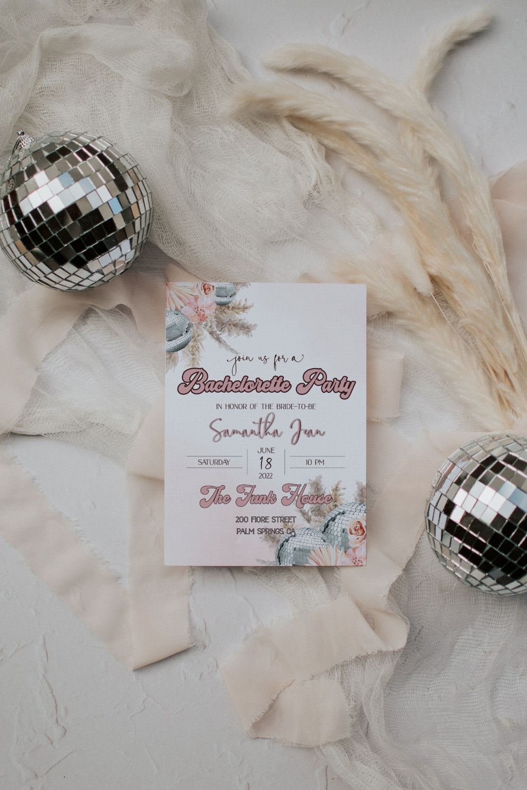 Disco Bachelorette Invitation - Pampas Disco Invitation - Girly Disco Invitation - 70s Disco Invitation - Pink Retro Invitation - Bachelorette Party