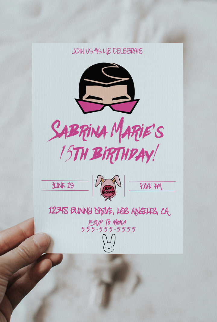 Bad Bunny Invitation - Hot Pink Bad Bunny Birthday Invitation - Invitación de cumpleaños de Bad Bunny - Bad Bunny Birthday Theme - YHLQMDLG