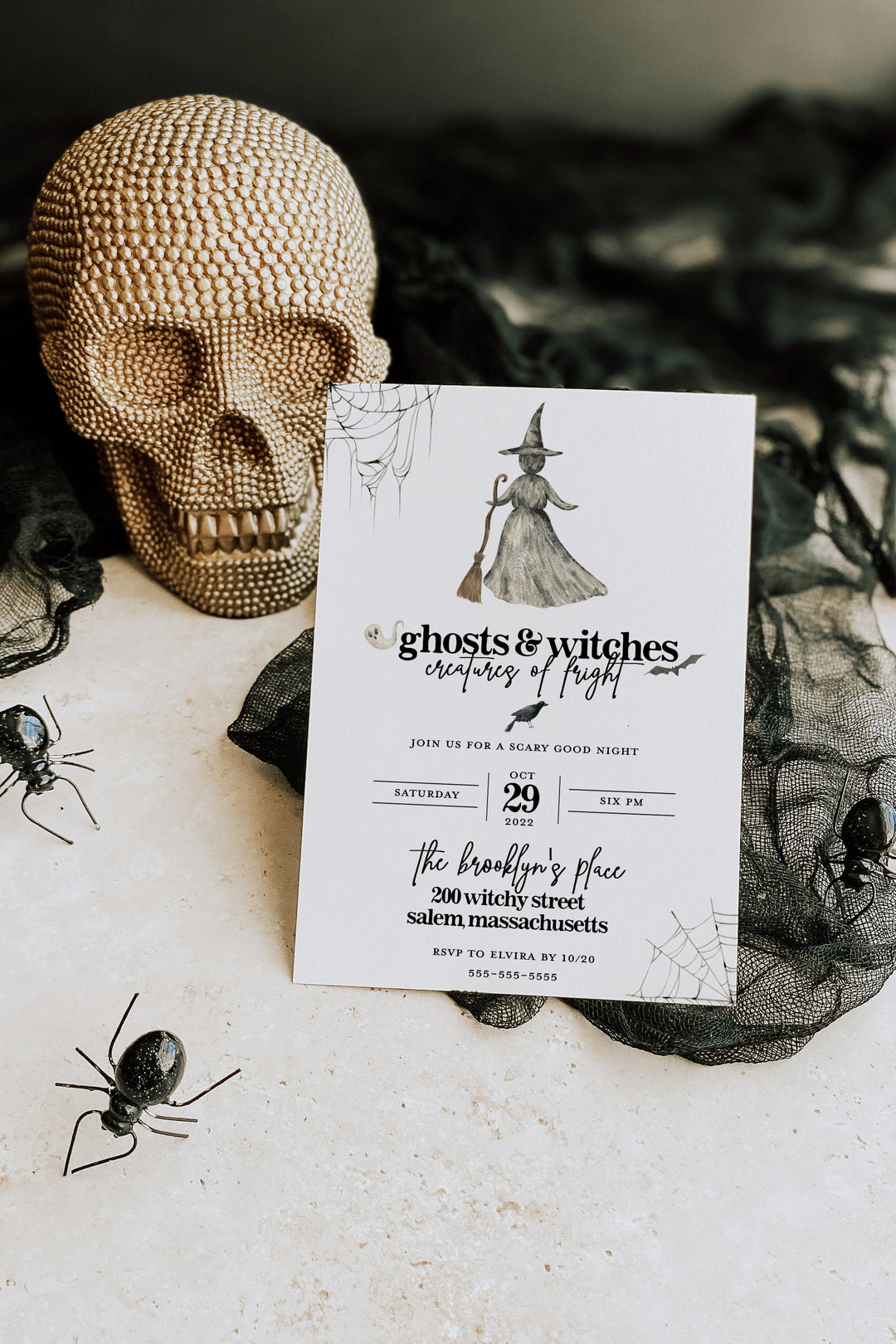 Simple Halloween Invitation - Witch Halloween Invitation - Modern Halloween Invitation - Black & White Halloween Invitation Halloween Party