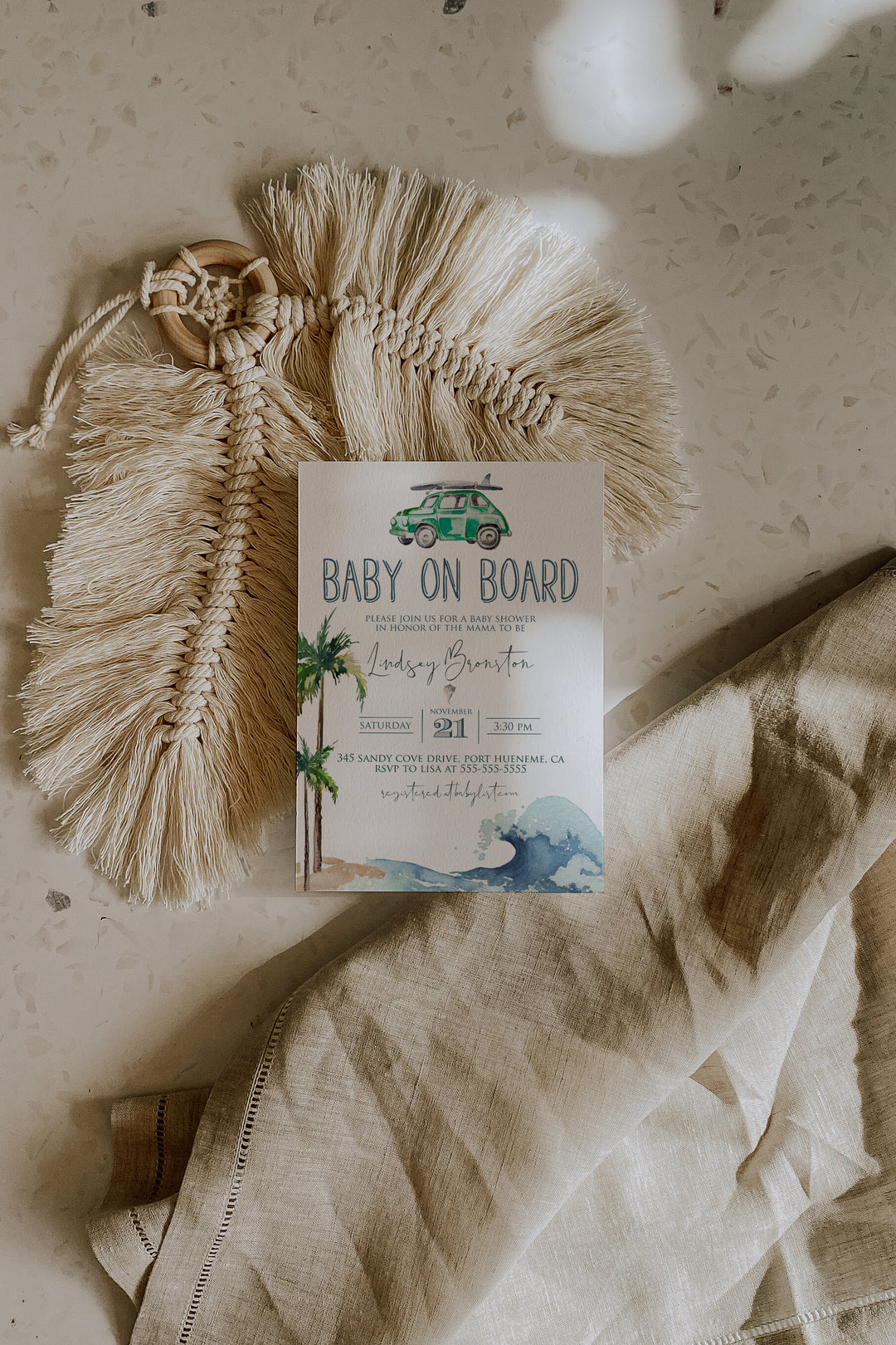 Surfing Theme Baby Shower Invitation - Beach Theme Baby Shower Invitation - Baby on Board Invitation - California Beach Baby Shower Invitation