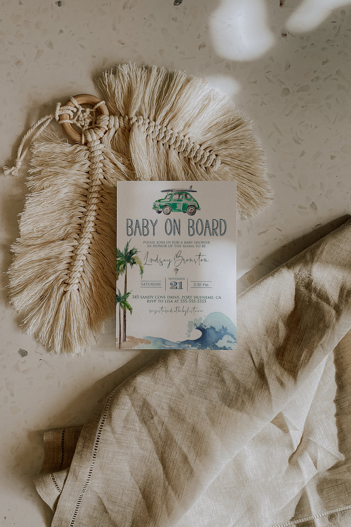 Surfing Theme Baby Shower Invitation - Beach Theme Baby Shower Invitation - Baby on Board Invitation - California Beach Baby Shower Invitation
