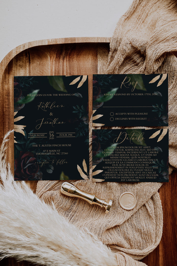 Dark & Moody Wedding Invitation Suite - Moody Wedding RSVP Card - Wedding Invitation and RSVP - Black and Burgundy Wedding Invitation Suite