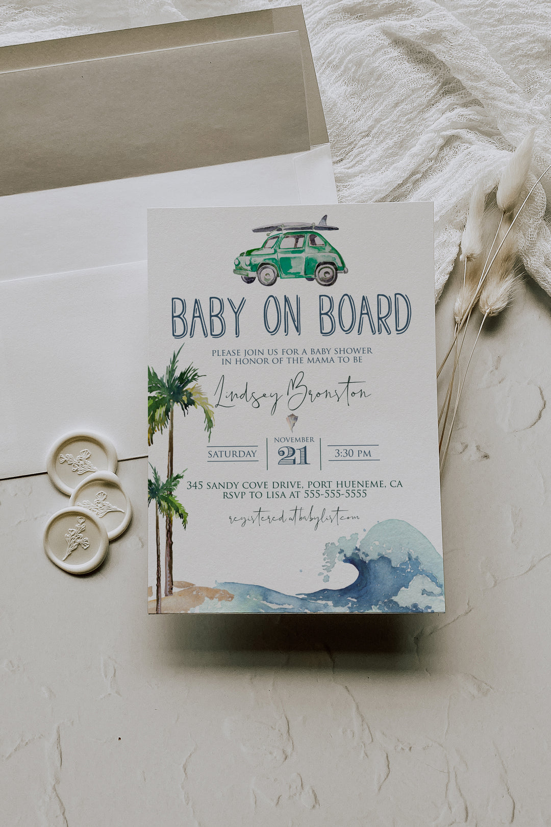 Surfing Theme Baby Shower Invitation - Beach Theme Baby Shower Invitation - Baby on Board Invitation - California Beach Baby Shower Invitation
