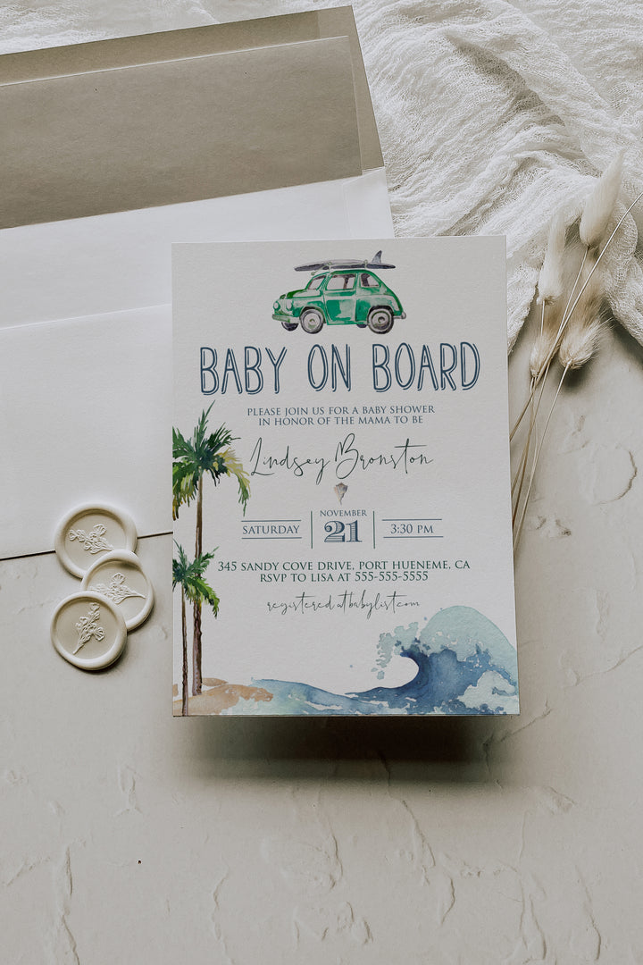 Surfing Theme Baby Shower Invitation - Beach Theme Baby Shower Invitation - Baby on Board Invitation - California Beach Baby Shower Invitation