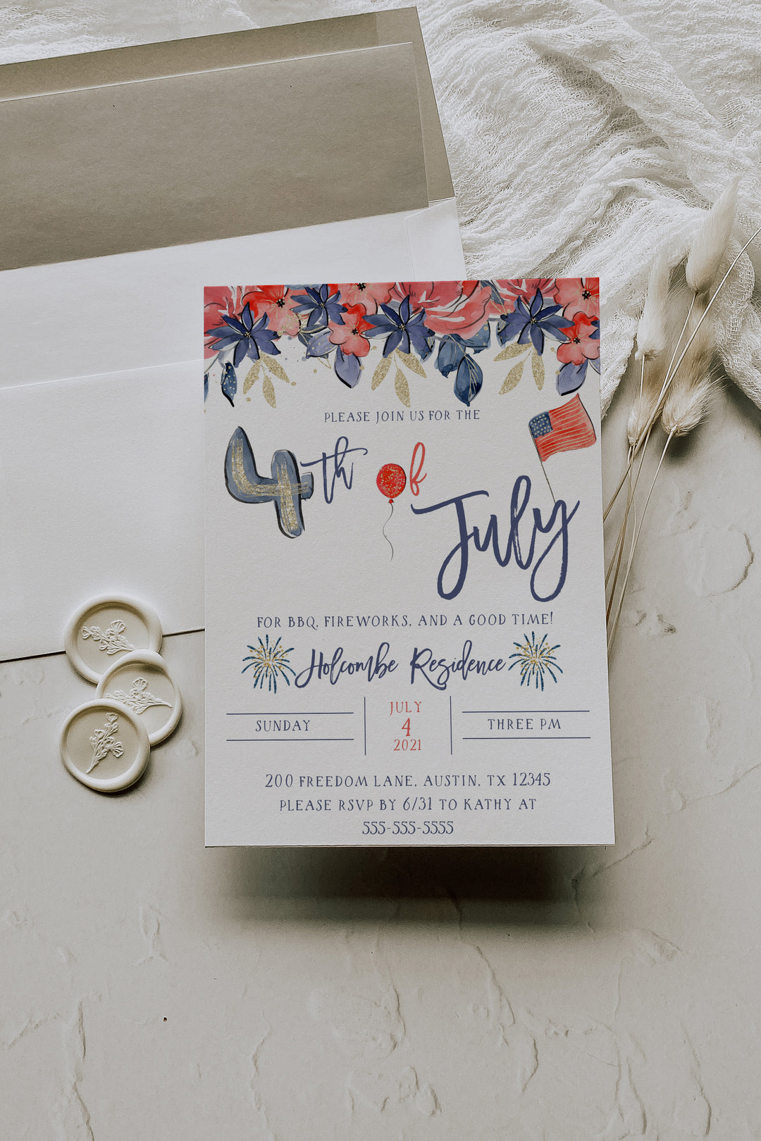 Fourth of July Invitation BBQ Invitation - Girls 4th of July Invitation - Girls Birthday July 4th Invite - Girl Patriotic Invitation - July4