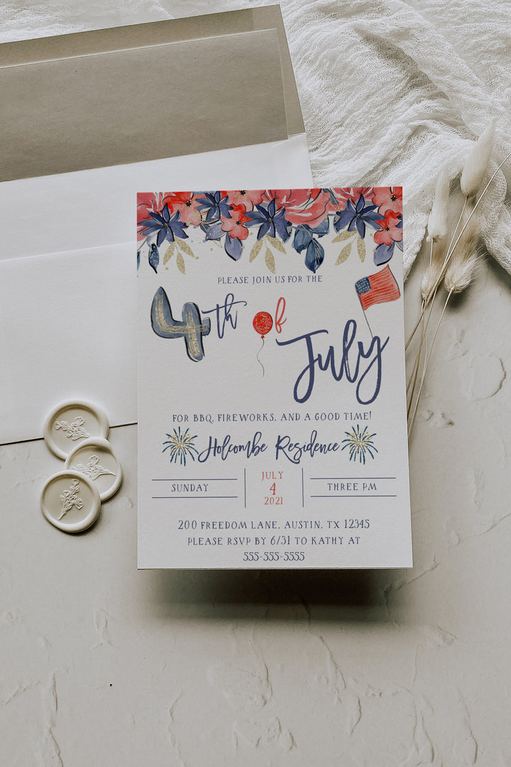 Fourth of July Invitation BBQ Invitation - Girls 4th of July Invitation - Girls Birthday July 4th Invite - Girl Patriotic Invitation - July4