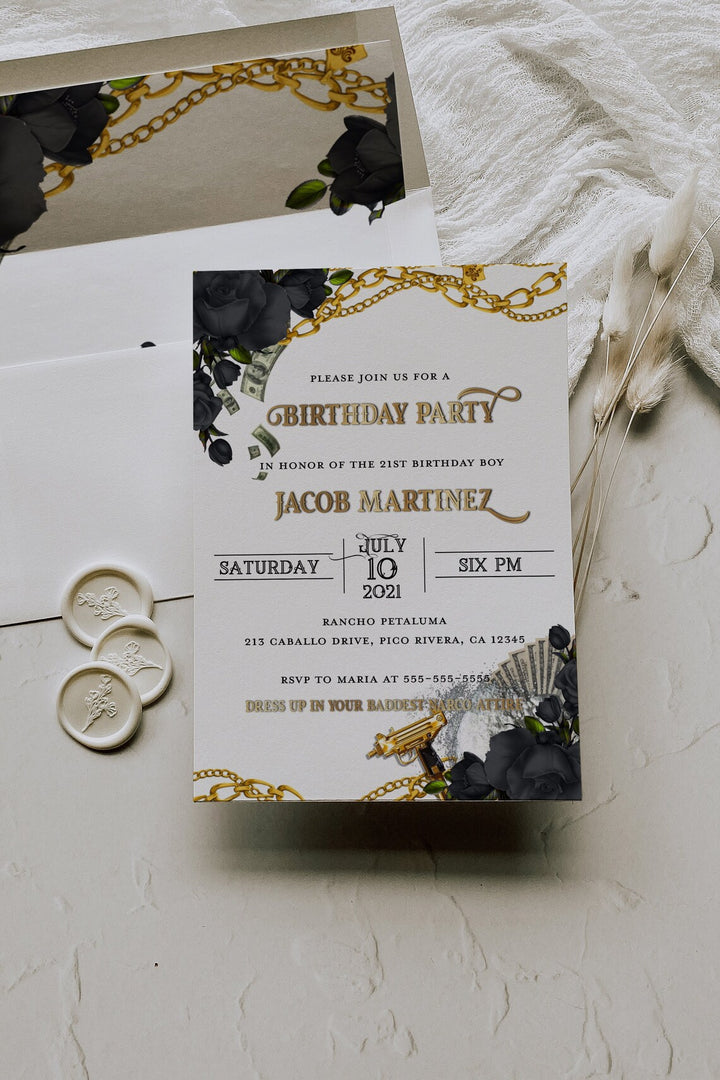 Narco Birthday Invitation - Mens Narco Invitation - Gangster Birthday Invitation - Narco Theme - Gangster Theme - Black and Gold Theme