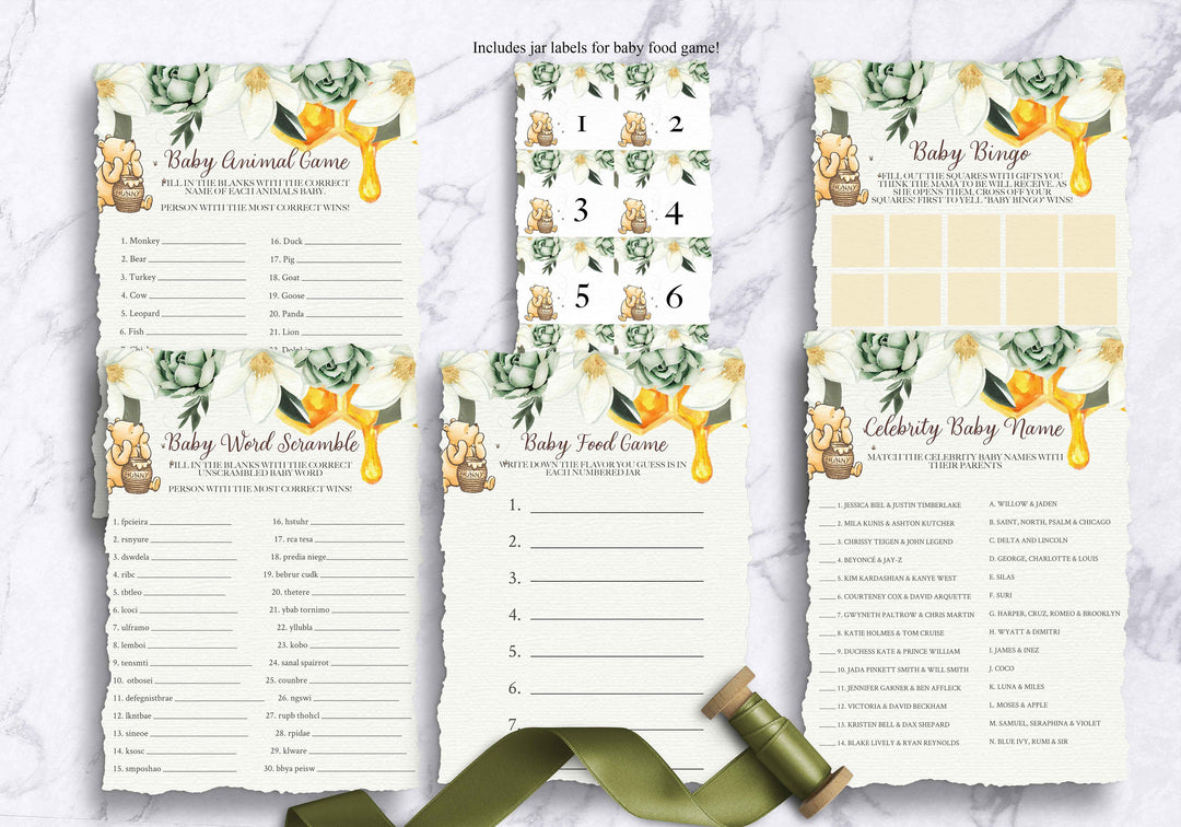 Succulent Winnie the Pooh Baby Shower Invitation Games - Pooh Bear Baby Shower Games - Winnie Pooh Games - Honey Baby Shower Game Templates