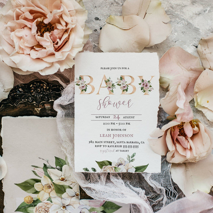 Gold Blush Floral Baby Shower Invitation - EDITABLE Floral Baby Girl Shower Invitation - Instant Download Blush Floral Invitation for Baby