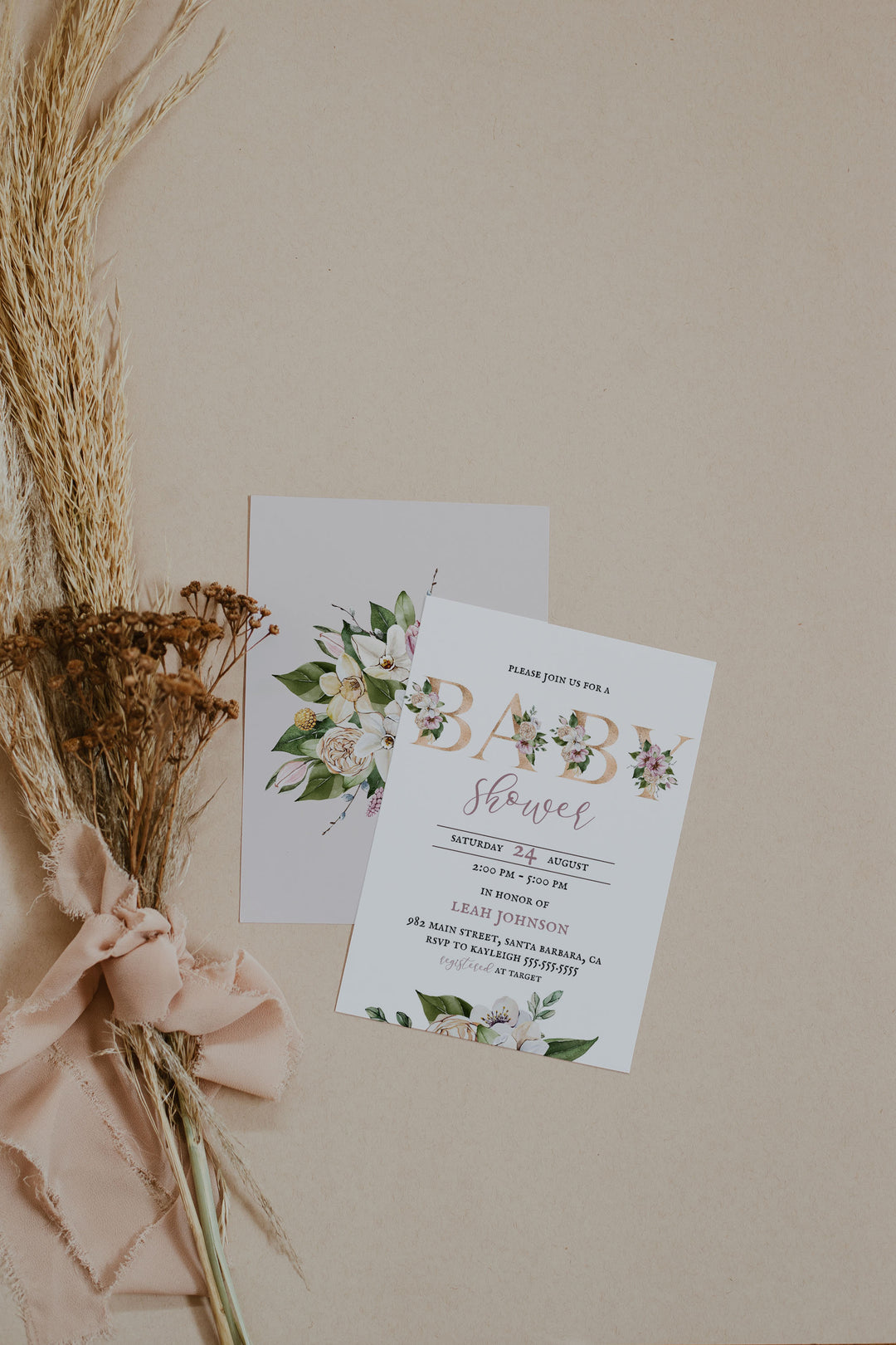 Gold Blush Floral Baby Shower Invitation - EDITABLE Floral Baby Girl Shower Invitation - Instant Download Blush Floral Invitation for Baby